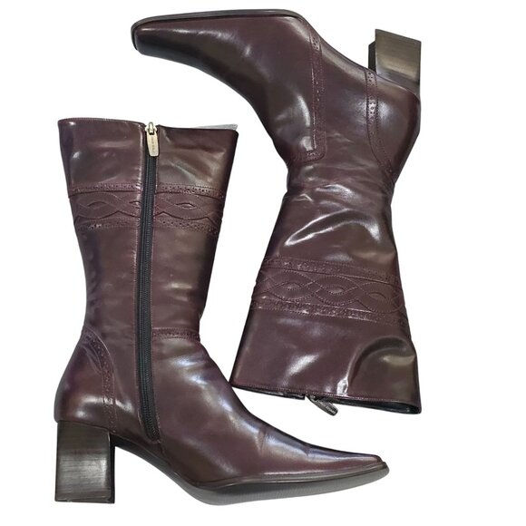 Colin Stuart Mid-Calf Embroidered Leather Boots Womens 6.5 Dark Red Burgundy - Picture 3 of 12